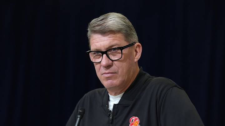 Feb 24, 2026; Indianapolis, IN, USA; Tampa Bay Buccaneers general manager Jason Licht speaks at the NFL Scouting Combine at the Indiana Convention Center. Mandatory Credit: Kirby Lee-Imagn Images