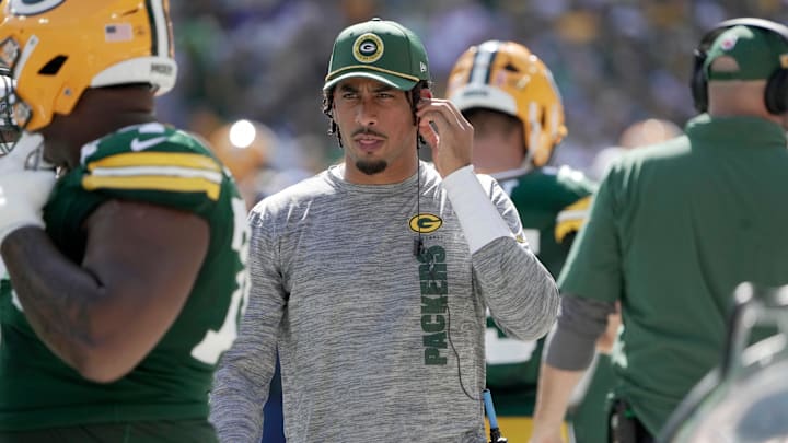 Injured Green Bay Packers quarterback Jordan Love is shown during the first quarter of their game against the Indianapolis Colts Sunday, September 15, 2024 at Lambeau Field in Green Bay, Wisconsin.
