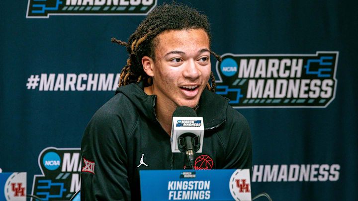 Mar 18, 2026; Oklahoma City, OK, USA; Houston Cougars guard Kingston Flemings (4) during a press conference prior to the practice session ahead of the first round of the men's 2026 NCAA Tournament at Paycom Center. Mandatory Credit: William Purnell-Imagn Images