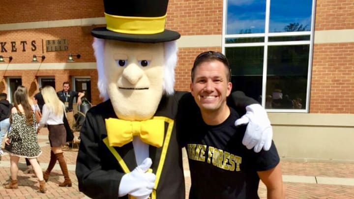 Andrew Bauhs of College Football Tour meets the Demon Deacon on his tour of Wake Forest in 2017. Andrew Bauhs of College Football Tour meets the Demon Deacon on his tour of Wake Forest in 2017.