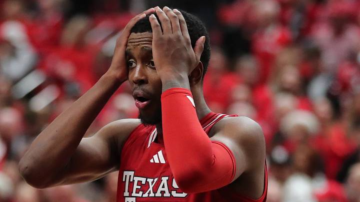 Jan 17, 2026; Lubbock, Texas, USA;  Texas Tech Red Raiders guard Donovan Atwell (12) reacts after being called for a foul in the second half of the game against the BYU Cougars at United Supermarkets Arena. Mandatory Credit: Michael C. Johnson-Imagn Images
