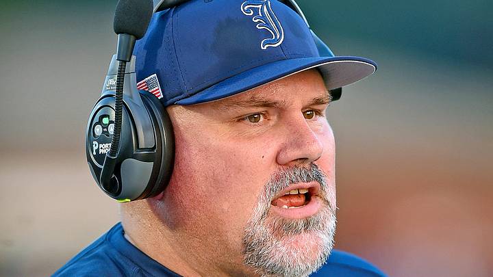 Jacksonville Head Coach Jeremy Sullivan talks with players during high school football action in Jacksonville, Alabama August 22, 2025. (Dave Hyatt / Hyatt Media LLC)