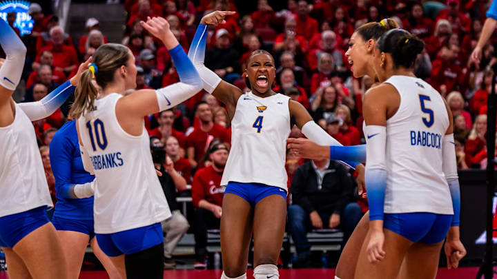 Pitt Volleyball Celebrates Scoring Point in Win vs. Louisville