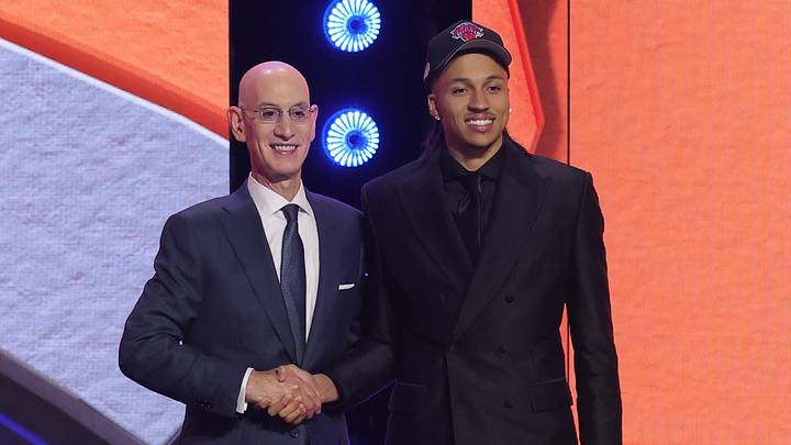 Jun 23, 2026; New York, NY, USA; NBA commissioner Adam Silver greets the twenty fourth pick in the 2026 NBA draft, Baylor guard Cameron Carr after he was selected by the New York Knicks at Barclays Center. Mandatory Credit: Brad Penner-Imagn Images