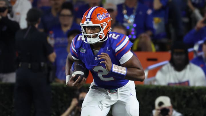 Nov 22, 2025; Gainesville, Florida, USA; Florida Gators quarterback DJ Lagway (2) runs with the ball against the Tennessee Volunteers during the first half at Ben Hill Griffin Stadium. Mandatory Credit: Kim Klement Neitzel-Imagn Images