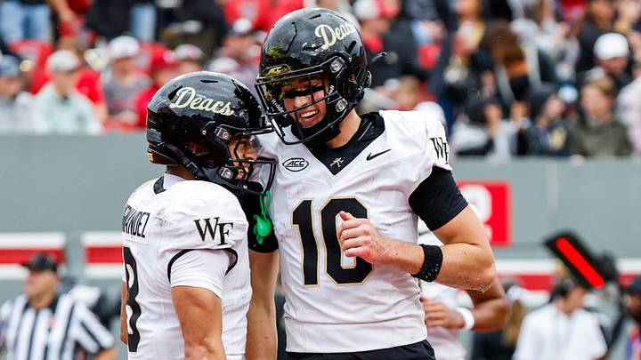 Demon Deacons wide receiver Jack Foley (10) celebrates a touchdown with wide receiver Carlos Hernandez (8) Mandatory Credit: Jaylynn Nash-Imagn Images Demon Deacons wide receiver Jack Foley (10) celebrates a touchdown with wide receiver Carlos Hernandez (8) Mandatory Credit: Jaylynn Nash-Imagn Images