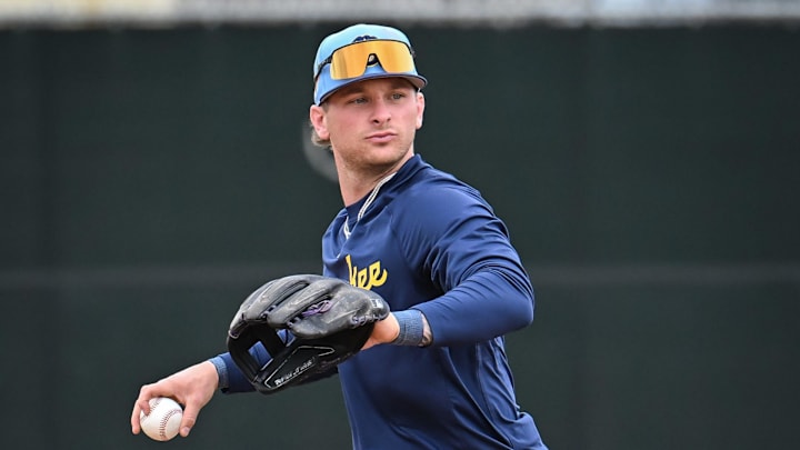 Milwaukee Brewers infielder/outfielder Jett Williams throws to first during spring training workouts Monday, February 16, 2026, at American Family Fields of Phoenix in Phoenix, Arizona.