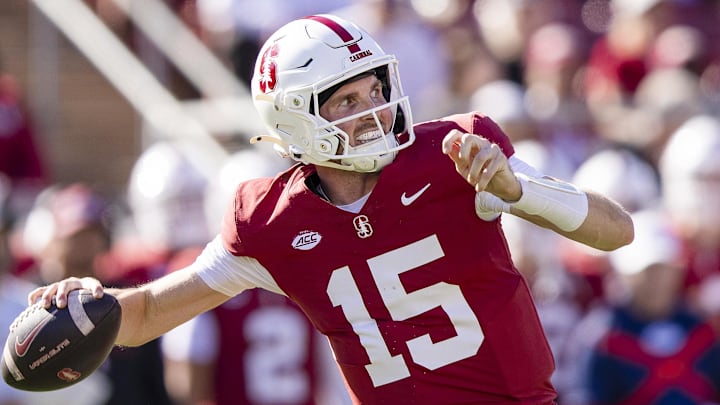 Nov 1, 2025; Stanford, California, USA; Stanford Cardinal quarterback Ben Gulbranson (15) passes against the Pittsburgh Panthers during the second quarter at Stanford Stadium. Mandatory Credit: John Hefti-Imagn Images Nov 1, 2025; Stanford, California, USA; Stanford Cardinal quarterback Ben Gulbranson (15) passes against the Pittsburgh Panthers during the second quarter at Stanford Stadium. Mandatory Credit: John Hefti-Imagn Images