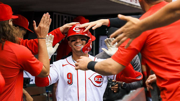 May 14, 2026; Cincinnati, Ohio, USA; Cincinnati Reds second baseman Matt McLain (9) high fives teammates after hitting a two-run home run in the second inning against the Washington Nationals at Great American Ball Park. Mandatory Credit: Katie Stratman-Imagn Images May 14, 2026; Cincinnati, Ohio, USA; Cincinnati Reds second baseman Matt McLain (9) high fives teammates after hitting a two-run home run in the second inning against the Washington Nationals at Great American Ball Park. Mandatory Credit: Katie Stratman-Imagn Images