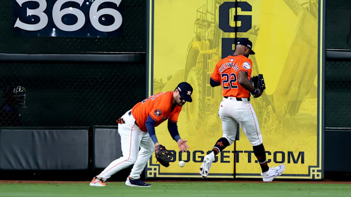 Oct 2, 2024; Houston, Texas, USA; Houston Astros left fielder Chas McCormick (left) fields a ball hit by Detroit Tigers shortstop Zach McKinstry (not pictured) during the second inning of game two of the Wildcard round for the 2024 MLB Playoffs at Minute Maid Park. Oct 2, 2024; Houston, Texas, USA; Houston Astros left fielder Chas McCormick (left) fields a ball hit by Detroit Tigers shortstop Zach McKinstry (not pictured) during the second inning of game two of the Wildcard round for the 2024 MLB Playoffs at Minute Maid Park.