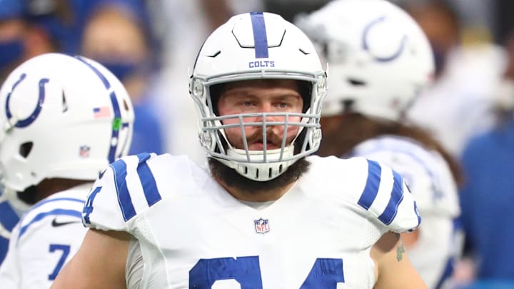 Indianapolis Colts guard Mark Glowinski (64) against the Las Vegas Raiders at Allegiant Stadium.
