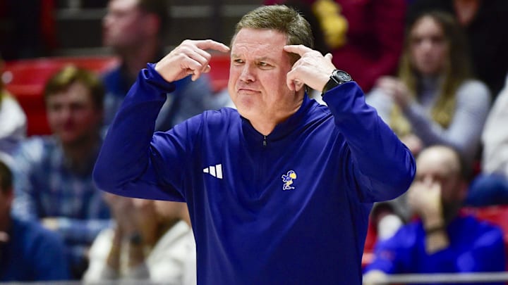 Feb 15, 2025; Salt Lake City, Utah, USA; Kansas Jayhawks head coach Bill Self calls a play against the Utah Utes during the first half at the Jon M. Huntsman Center. Feb 15, 2025; Salt Lake City, Utah, USA; Kansas Jayhawks head coach Bill Self calls a play against the Utah Utes during the first half at the Jon M. Huntsman Center.