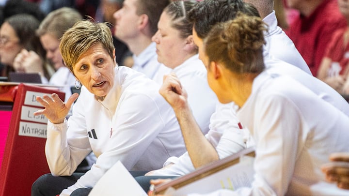 Indiana Head Coach Teri Moren talks with Ali Patberg during the Indiana versus Purdue women's basketball game at Simon Skjodt Assembly Hall on Saturday, Feb. 15, 2025. Indiana Head Coach Teri Moren talks with Ali Patberg during the Indiana versus Purdue women's basketball game at Simon Skjodt Assembly Hall on Saturday, Feb. 15, 2025.