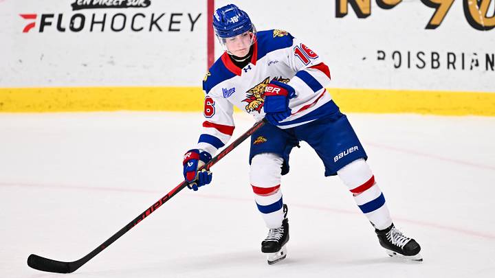BOISBRIAND, CANADA - NOVEMBER 06: Tommy Bleyl #16 of the Moncton Wildcats skates during the third period against the Blainville-Boisbriand Armada at Centre d'Excellence Sports Rousseau on November 6, 2025 in Boisbriand, Canada. The Moncton Wildcats defeated the Blainville-Boisbriand Armada 6-1. 