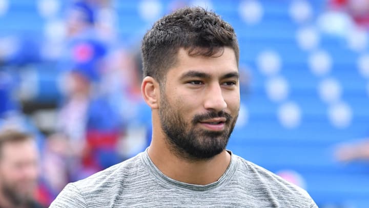 Sep 17, 2023; Orchard Park, New York, USA; Buffalo Bills defensive end AJ Epenesa (57) warms up before a game against the Las Vegas Raiders at Highmark Stadium. Mandatory Credit: Mark Konezny-Imagn Images