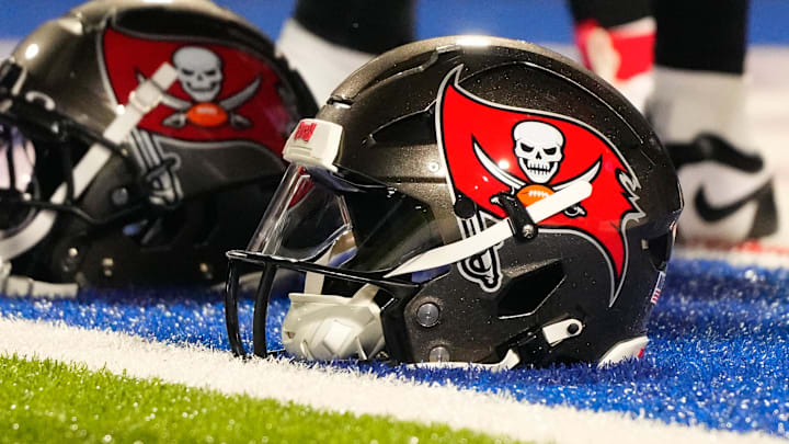 Oct 26, 2023; Orchard Park, New York, USA; A general view of Tampa Bay Buccaneer helmets prior to the game against the Buffalo Bills at Highmark Stadium. Mandatory Credit: Gregory Fisher-Imagn Images