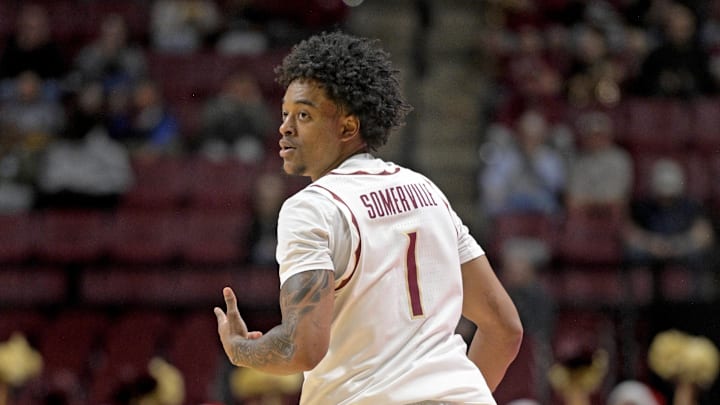 Dec 22, 2025; Tallahassee, Florida, USA; Florida State Seminoles guard Martin Somerville (1) reacts to making a three point shot during the first half against the Jacksonville University Dolphins at Donald L. Tucker Center. Mandatory Credit: Melina Myers-Imagn Images