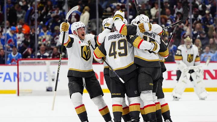 May 22, 2026; Denver, Colorado, USA; The Vegas Golden Knights celebrate a goal during the third period against the Colorado Avalanche in game two of the Western Conference Final of the 2026 Stanley Cup Playoffs at Ball Arena. Mandatory Credit: Ron Chenoy-Imagn Images May 22, 2026; Denver, Colorado, USA; The Vegas Golden Knights celebrate a goal during the third period against the Colorado Avalanche in game two of the Western Conference Final of the 2026 Stanley Cup Playoffs at Ball Arena. Mandatory Credit: Ron Chenoy-Imagn Images