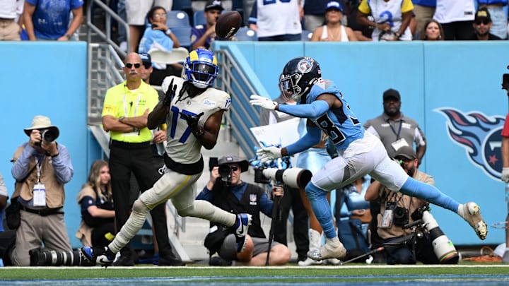 Sep 14, 2025; Nashville, Tennessee, USA; Los Angeles Rams wide receiver Davante Adams (17) catches a touchdown pass against the Tennessee Titans during the second half at Nissan Stadium. Mandatory Credit: Steve Roberts-Imagn Images Sep 14, 2025; Nashville, Tennessee, USA; Los Angeles Rams wide receiver Davante Adams (17) catches a touchdown pass against the Tennessee Titans during the second half at Nissan Stadium. Mandatory Credit: Steve Roberts-Imagn Images