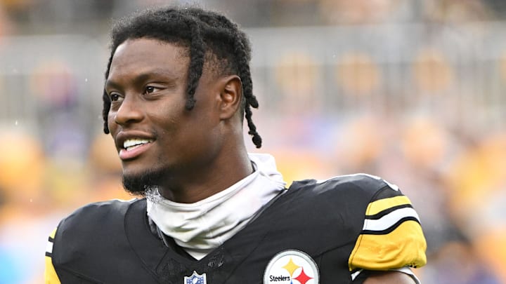 Pittsburgh Steelers wide receiver George Pickens watches the action against the Buffalo Bills. Pittsburgh Steelers wide receiver George Pickens watches the action against the Buffalo Bills.