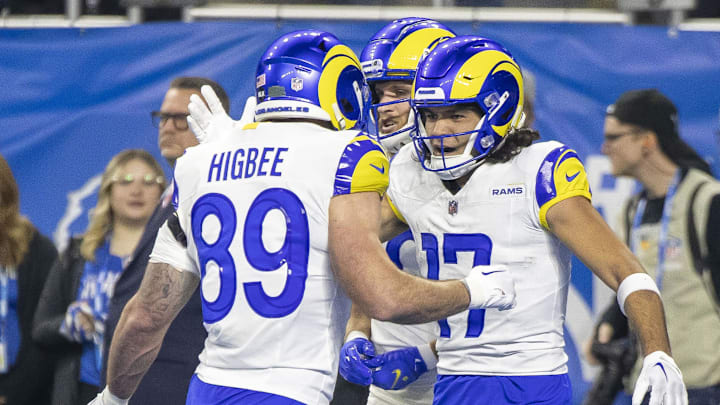 Jan 14, 2024; Detroit, Michigan, USA; Los Angeles Rams wide receiver Puka Nacua (17) celebrates with tight end Tyler Higbee (89) after scoring a touchdown during the first half of a 2024 NFC wild card game against the Detroit Lions at Ford Field. Mandatory Credit: David Reginek-Imagn Images Jan 14, 2024; Detroit, Michigan, USA; Los Angeles Rams wide receiver Puka Nacua (17) celebrates with tight end Tyler Higbee (89) after scoring a touchdown during the first half of a 2024 NFC wild card game against the Detroit Lions at Ford Field. Mandatory Credit: David Reginek-Imagn Images