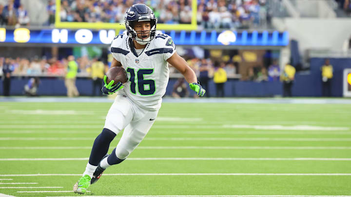 Jan 5, 2025; Inglewood, California, USA;  Seattle Seahawks Wide Receiver Tyler Lockett (16) runs down the field baseline at SoFi Stadium for the Seattle Seahawks at Los Angeles Rams Week 18 matchup.