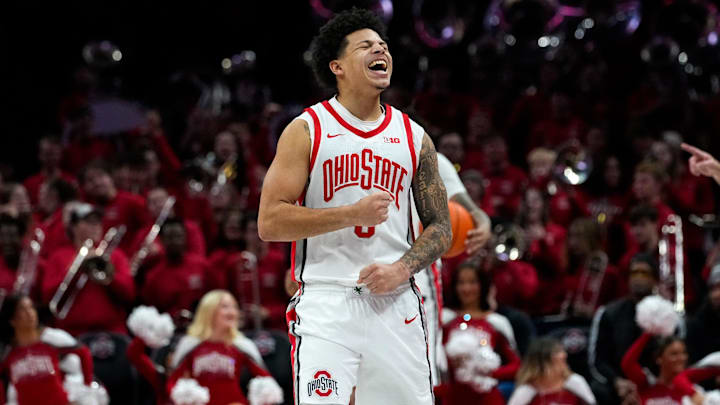 Ohio State Buckeyes guard John Mobley Jr. (0) celebrates after defeating Minnesota Golden Gophers in overtime in the NCAA basketball game at Value City Arena on Tuesday, Jan. 20, 2026 in Columbus, Ohio.