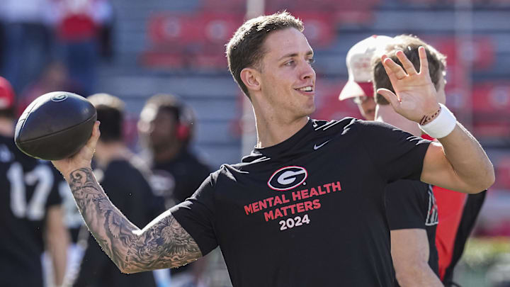 Nov 23, 2024; Athens, Georgia, USA; Georgia Bulldogs quarterback Carson Beck (15) shown on the field prior to the game against the Massachusetts Minutemen at Sanford Stadium. Mandatory Credit: Dale Zanine-Imagn Images