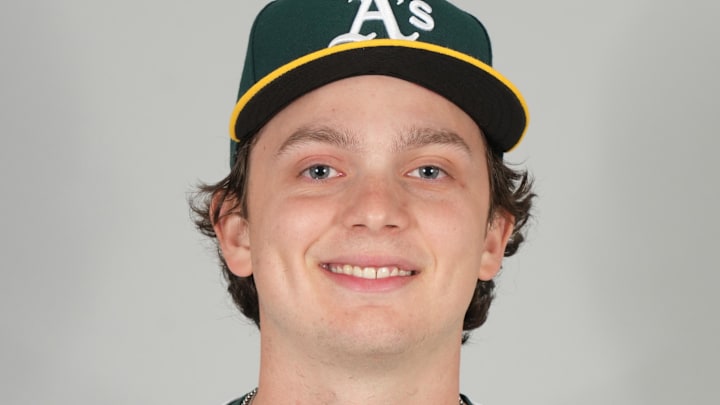Feb 18, 2025; Mesa, AZ, USA; Athletics infielder Nick Kurtz poses during photo day. Mandatory Credit: Rick Scuteri-Imagn Images