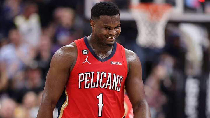 Dec 13, 2022; Salt Lake City, Utah, USA; New Orleans Pelicans forward Zion Williamson (1) reacts to a play by the Utah Jazz in the second half at Vivint Arena. Mandatory Credit: Rob Gray-USA TODAY Sports