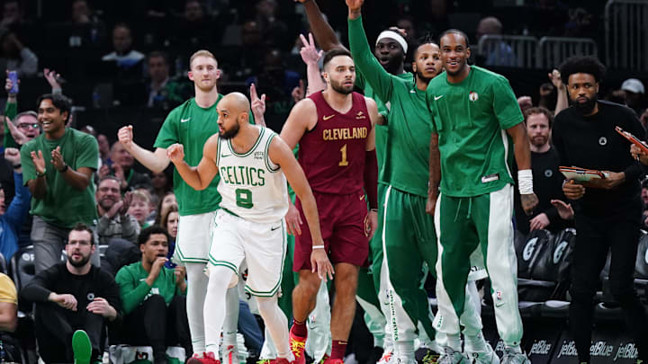 Dec 12, 2023; Boston, Massachusetts, USA; Boston Celtics guard Derrick White (9) reacts after his