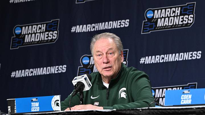 Mar 21, 2026; Buffalo, NY, USA;Michigan State Spartans head coach Tom Izzo speaks with media after the game against the Louisville Cardinals during a second round game of the men's 2026 NCAA Tournament at Keybank Center. Mandatory Credit: Mark Konezny-Imagn Images