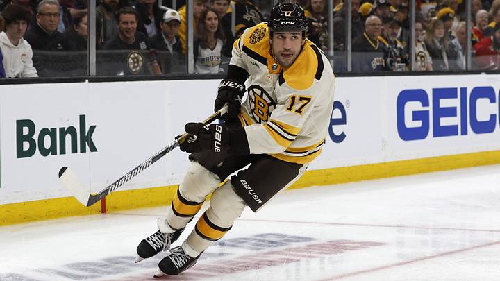 Oct 11, 2023; Boston, Massachusetts, USA; Boston Bruins left wing Milan Lucic (17) against the Chicago Blackhawks during the second period at TD Garden. Mandatory Credit: Winslow Townson-Imagn Images