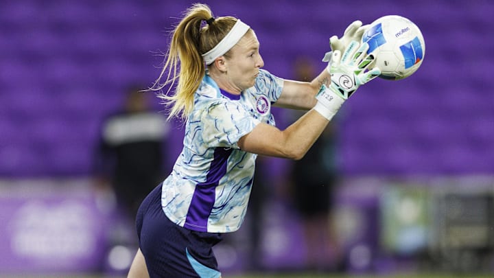 Oct 15, 2025; Orlando, Florida, USA; Orlando Pride goalkeeper McKinley Crone (40) during the warm-ups before the game against Pachuca at Inter&Co Stadium. Mandatory Credit: Morgan Tencza-Imagn Images