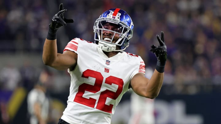Jan 15, 2023; Minneapolis, Minnesota, USA; New York Giants cornerback Adoree' Jackson (22) reacts after a play against the Minnesota Vikings during the fourth quarter during a wild card game at U.S. Bank Stadium.