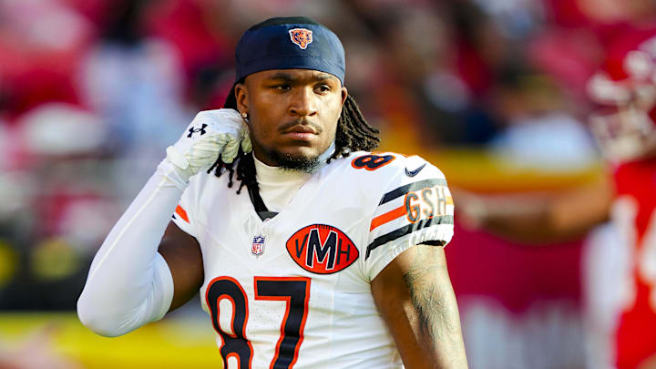 Aug 22, 2025; Kansas City, Missouri, USA; Chicago Bears wide receiver Luther Burden III (87) takes the field prior to a game against the Kansas City Chiefs at GEHA Field at Arrowhead Stadium. Mandatory Credit: Jay Biggerstaff-Imagn Images