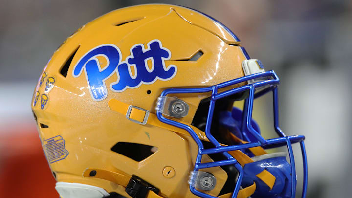 Nov 9, 2024; Pittsburgh, Pennsylvania, USA;  A Pittsburgh Panthers helmet on the sidelines against the Virginia Cavaliers during the first quarter at Acrisure Stadium. Mandatory Credit: Charles LeClaire-Imagn Images
