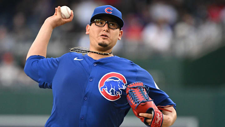 Aug 31, 2024; Washington, District of Columbia, USA; Chicago Cubs starting pitcher Javier Assad (72) throws a pitch against the Washington Nationals during the sixth inning at Nationals Park.