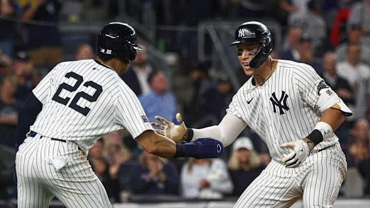 Sep 26, 2024; Bronx, New York, USA; New York Yankees center fielder Aaron Judge (99) celebrates with right fielder Juan Soto (22) after hitting a two run home run during the seventh inning against the Baltimore Orioles at Yankee Stadium.
