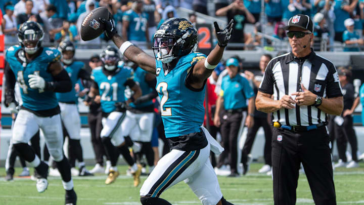 Jacksonville Jaguars CB Jourdan Lewis celebrates his interception during the third quarter against the Houston Texans..