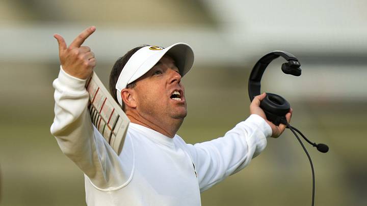 Nov 8, 2025; Columbia, Missouri, USA; Missouri Tigers head coach Eli Drinkwitz reacts during the first half against the Texas A&M Aggies at Faurot Field at Memorial Stadium. Mandatory Credit: Jay Biggerstaff-Imagn Images