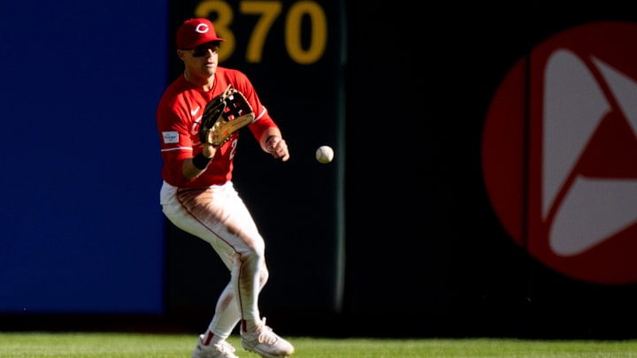 Cincinnati Reds center fielder TJ Friedl (29) fields a hit in the fourth inning between the Cincinnati Reds and Boston Red Sox at Great American Ball Park in Cincinnati on Saturday, March 28, 2026.