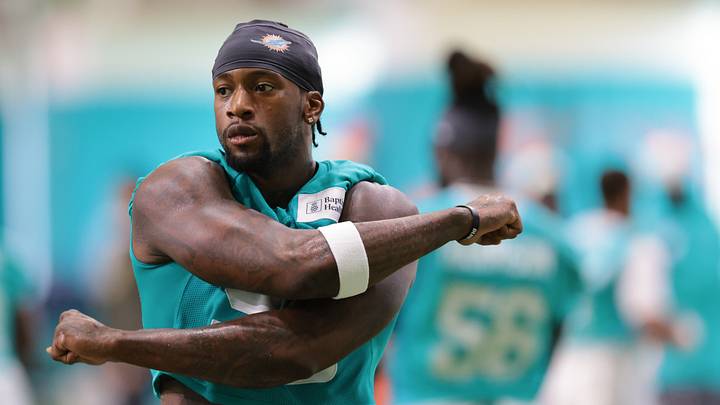 Miami Dolphins edge Clelin Ferrell works during practice at Baptist Health Training Complex.