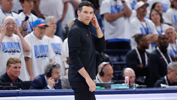 May 20, 2025; Oklahoma City, Oklahoma, USA; Oklahoma City Thunder head coach Mark Daigneault watches his team play against the Minnesota Timberwolves in the fourth quarter during game one of the western conference finals for the 2025 NBA Playoffs at Paycom Center. Mandatory Credit: Alonzo Adams-Imagn Images