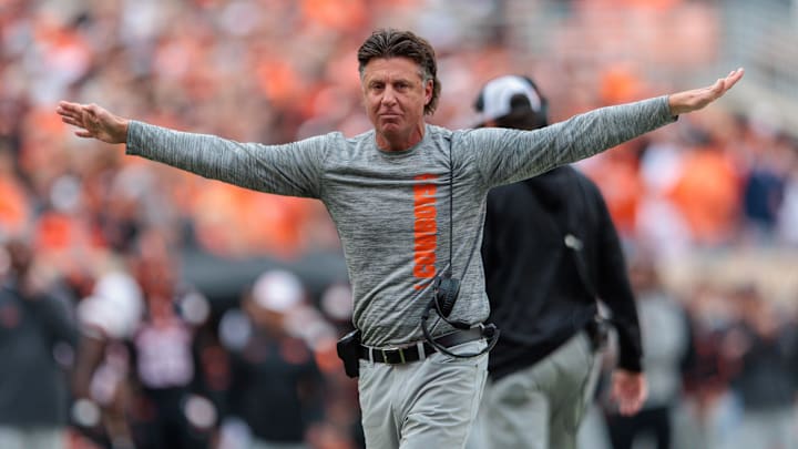 Nov 2, 2024; Stillwater, Oklahoma, USA; Oklahoma State Cowboys coach Mike Gundy reacts after a call during the second quarter against the Arizona State Sun Devils at Boone Pickens Stadium. Mandatory Credit: William Purnell-Imagn Images