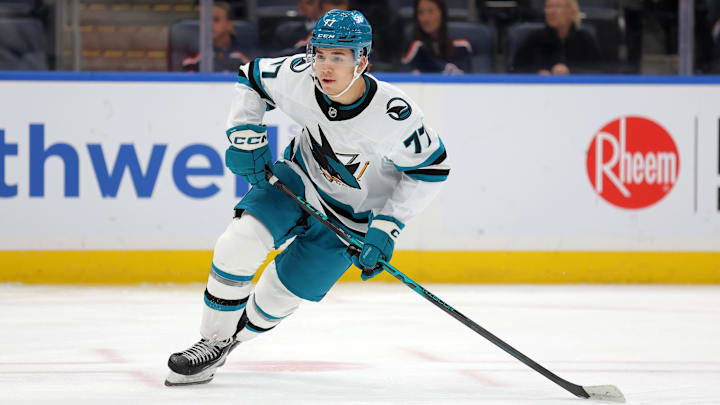 Oct 21, 2025; Elmont, New York, USA; San Jose Sharks center Michael Misa (77) skates against the New York Islanders during the third period at UBS Arena. Mandatory Credit: Brad Penner-Imagn Images Oct 21, 2025; Elmont, New York, USA; San Jose Sharks center Michael Misa (77) skates against the New York Islanders during the third period at UBS Arena. Mandatory Credit: Brad Penner-Imagn Images