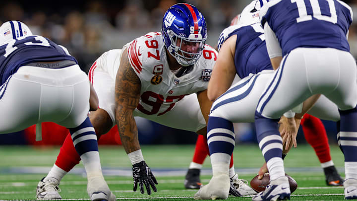 Nov 28, 2024; Arlington, Texas, USA; New York Giants defensive tackle Dexter Lawrence II (97) lines up during the first quarter against the Dallas Cowboys at AT&T Stadium. Nov 28, 2024; Arlington, Texas, USA; New York Giants defensive tackle Dexter Lawrence II (97) lines up during the first quarter against the Dallas Cowboys at AT&T Stadium.