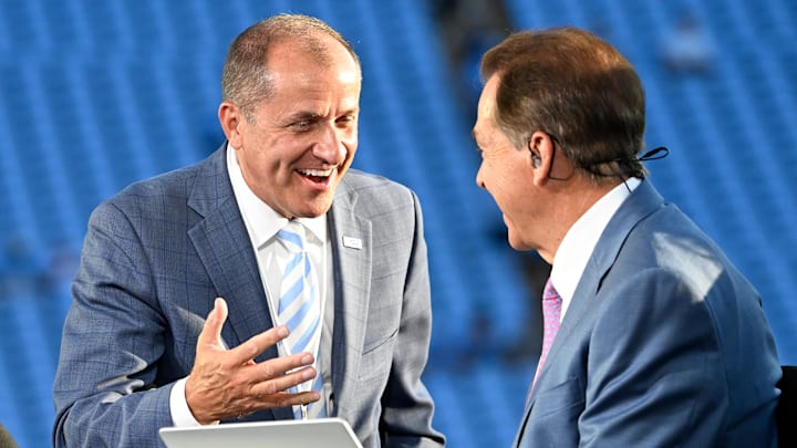 Sep 1, 2025; Chapel Hill, North Carolina, USA; ACC Commisioner Jim Phillips with ESPN analist Nick Saban before the game at Kenan Stadium. Mandatory Credit: Bob Donnan-Imagn Images