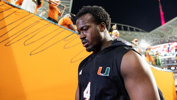 Jan 19, 2026; Miami Gardens, FL, USA; Miami Hurricanes defensive lineman Rueben Bain Jr. (4) against the Indiana Hoosiers during the College Football Playoff National Championship game at Hard Rock Stadium. Mandatory Credit: Mark J. Rebilas-Imagn Images Jan 19, 2026; Miami Gardens, FL, USA; Miami Hurricanes defensive lineman Rueben Bain Jr. (4) against the Indiana Hoosiers during the College Football Playoff National Championship game at Hard Rock Stadium. Mandatory Credit: Mark J. Rebilas-Imagn Images