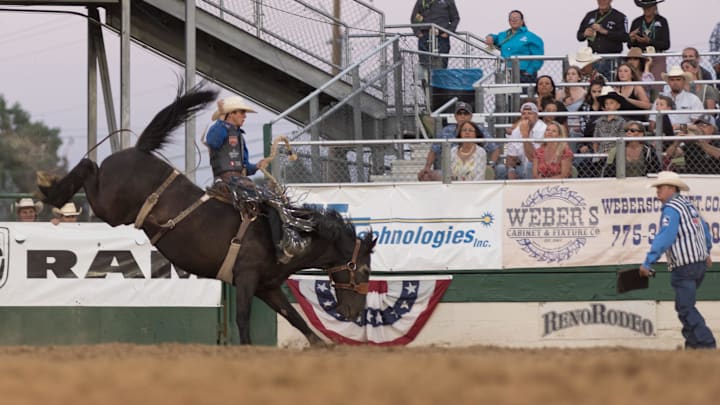 Stetson Wright of Milford, UT in the Saddle Bronc Riding event on June 21, 2021.
Reno Rodeo Night Four Bednarski 8141 Stetson Wright of Milford, UT in the Saddle Bronc Riding event on June 21, 2021.
Reno Rodeo Night Four Bednarski 8141